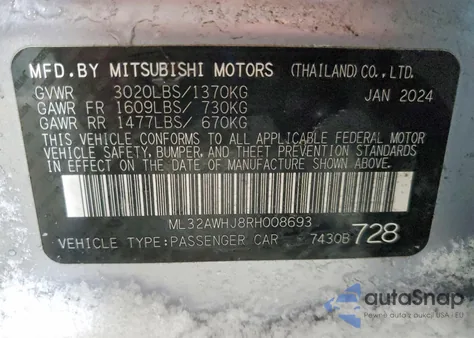 2024 Mitsubishi Mirage Se z USA, uszkodzony, nr VIN ML32AWHJ8RH008693